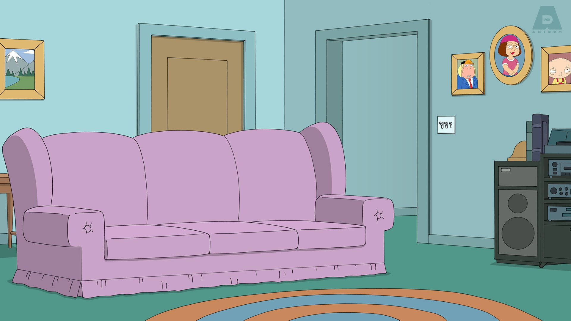 Family Guy, lavender sofa, circular rug, Full HD Desktop Wallpaper
