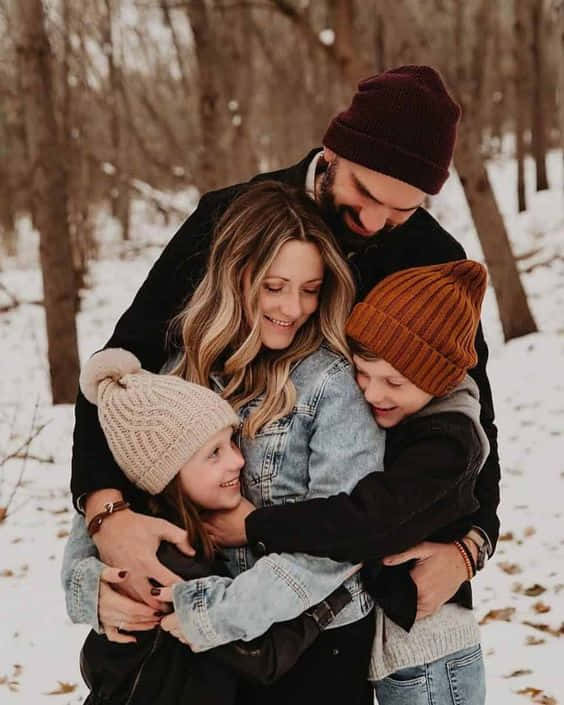 Family Portrait, warm colors, snowy forest, SD Phone Wallpaper