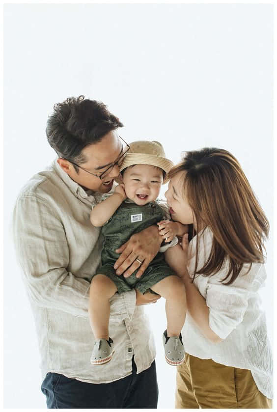family portrait, family of three, bright white background, SD Phone Wallpaper