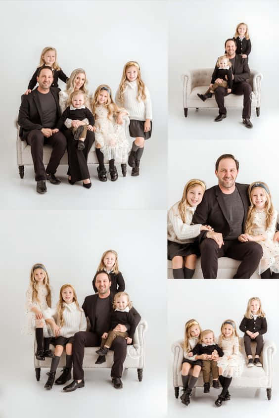 family of six, white sofa, seamless white studio backdrop, SD Phone Wallpaper