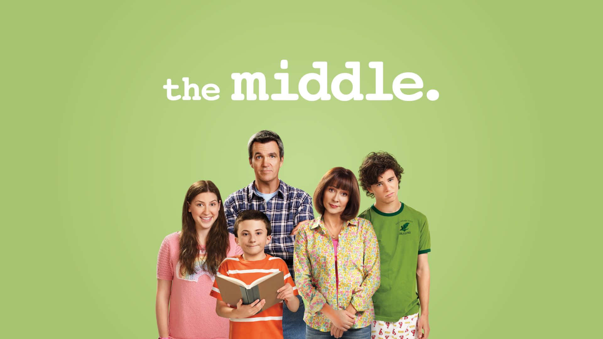 the middle, family of five, solid green background, Full HD Desktop Wallpaper