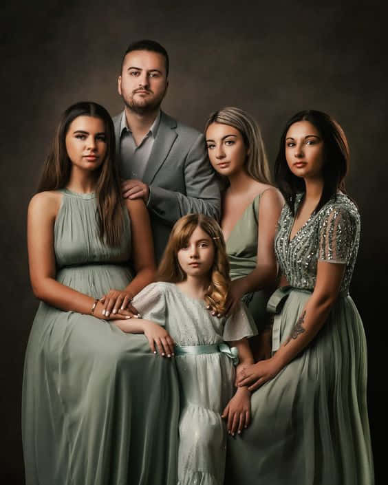 Family Portrait, sage green gowns, dark studio backdrop, SD Phone Wallpaper