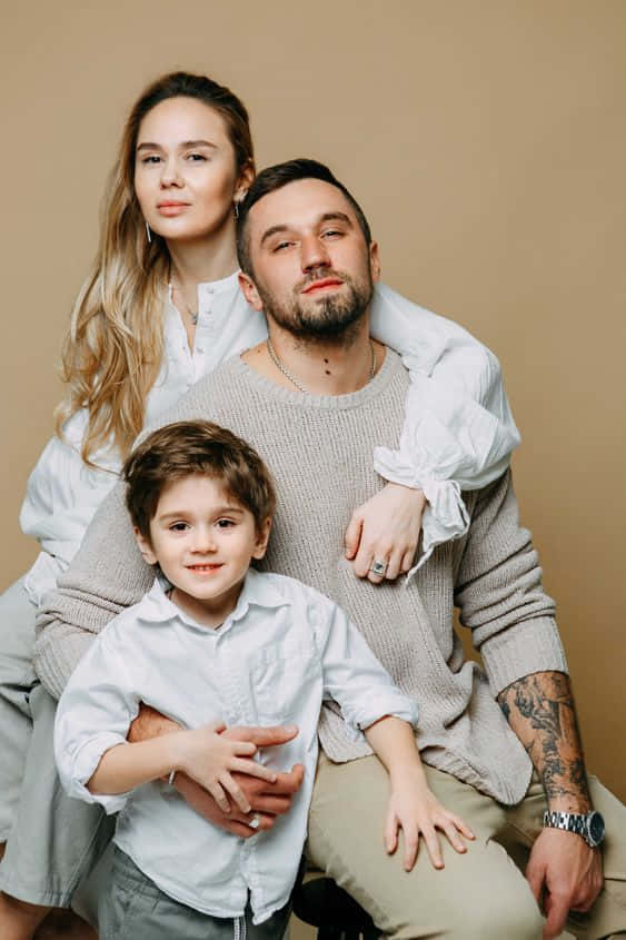 American Beige, family of three, solid beige backdrop, SD Phone Wallpaper