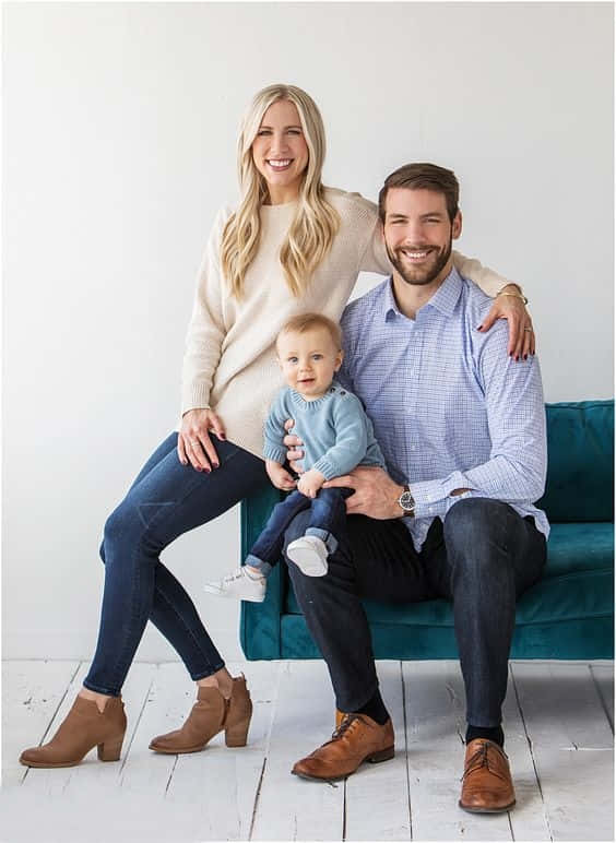 family portrait, teal couch, minimalist white background, SD Phone Wallpaper