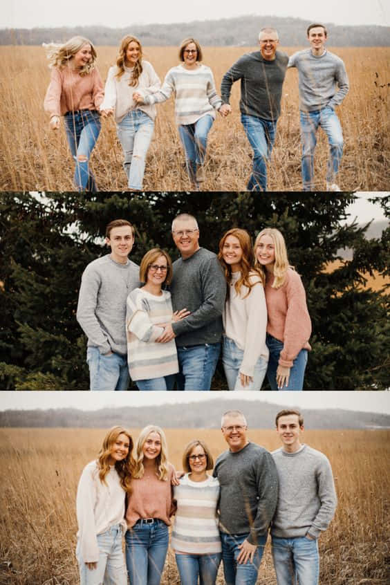 Family Portrait, golden grass, evergreen trees, SD Phone Wallpaper