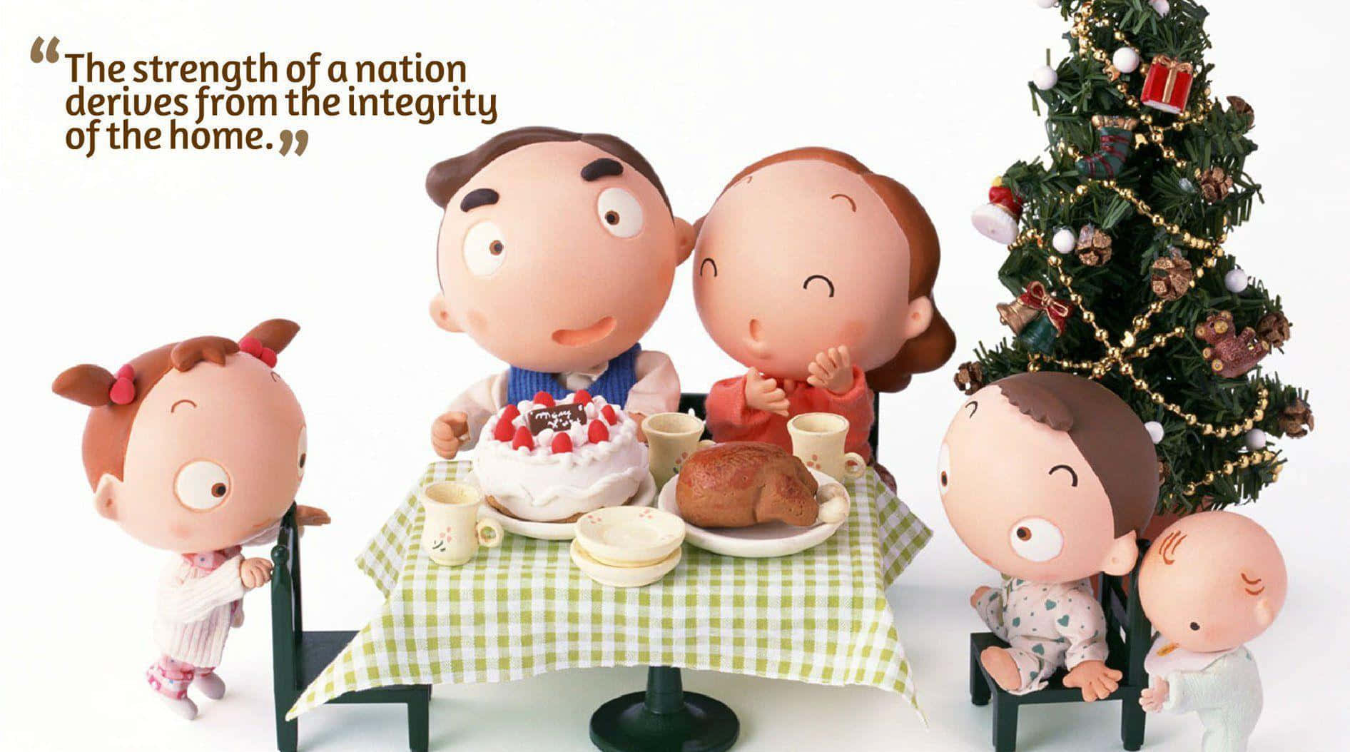 family of stylized dolls, festive table, cake and turkey, HD Desktop Wallpaper