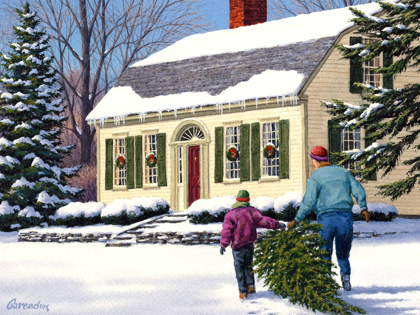 Christmas and New Year's Family Card, colonial house, snow, HD Desktop Wallpaper