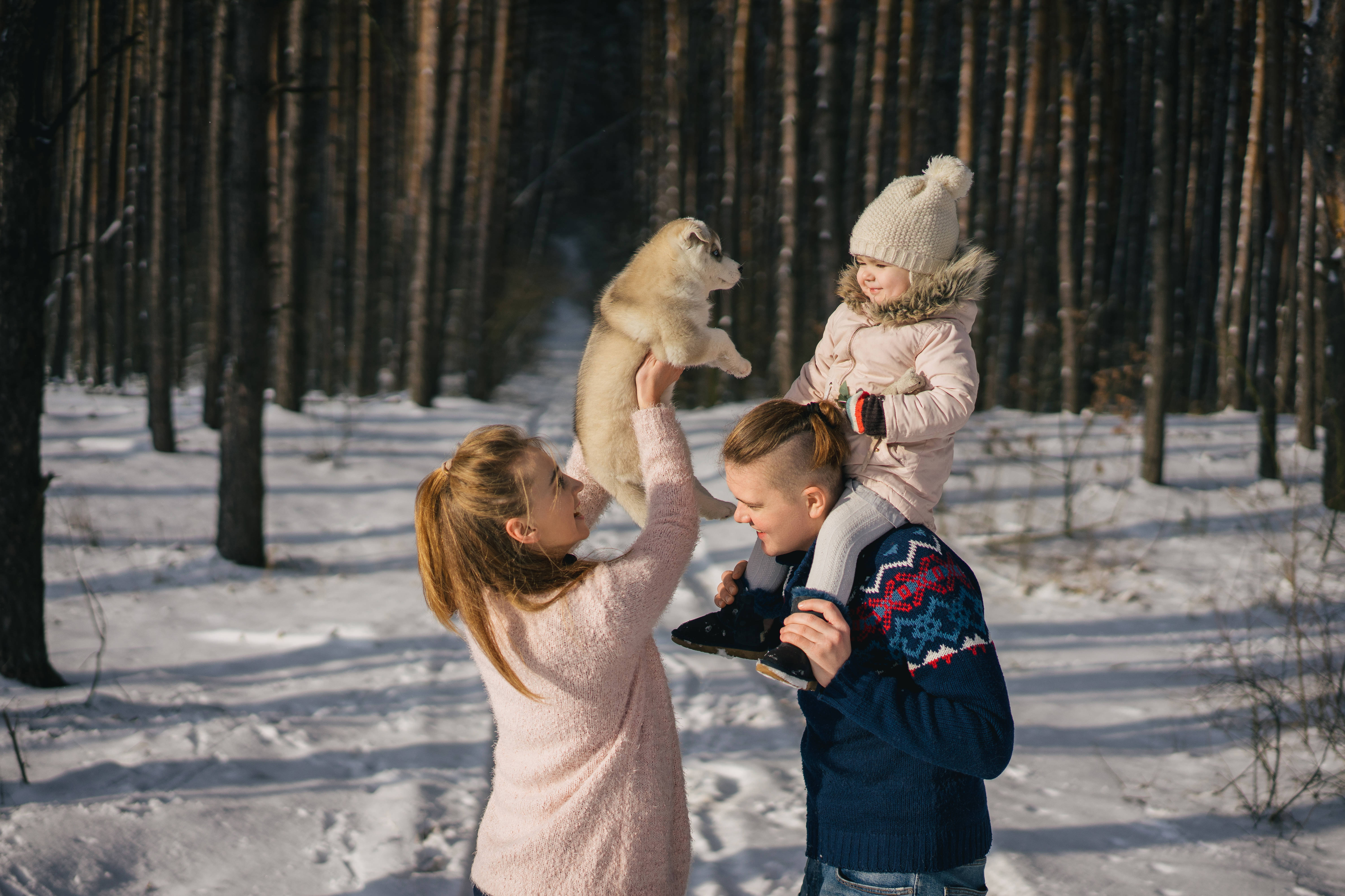 Family, winter season, snowy forest, 5K Desktop Wallpaper