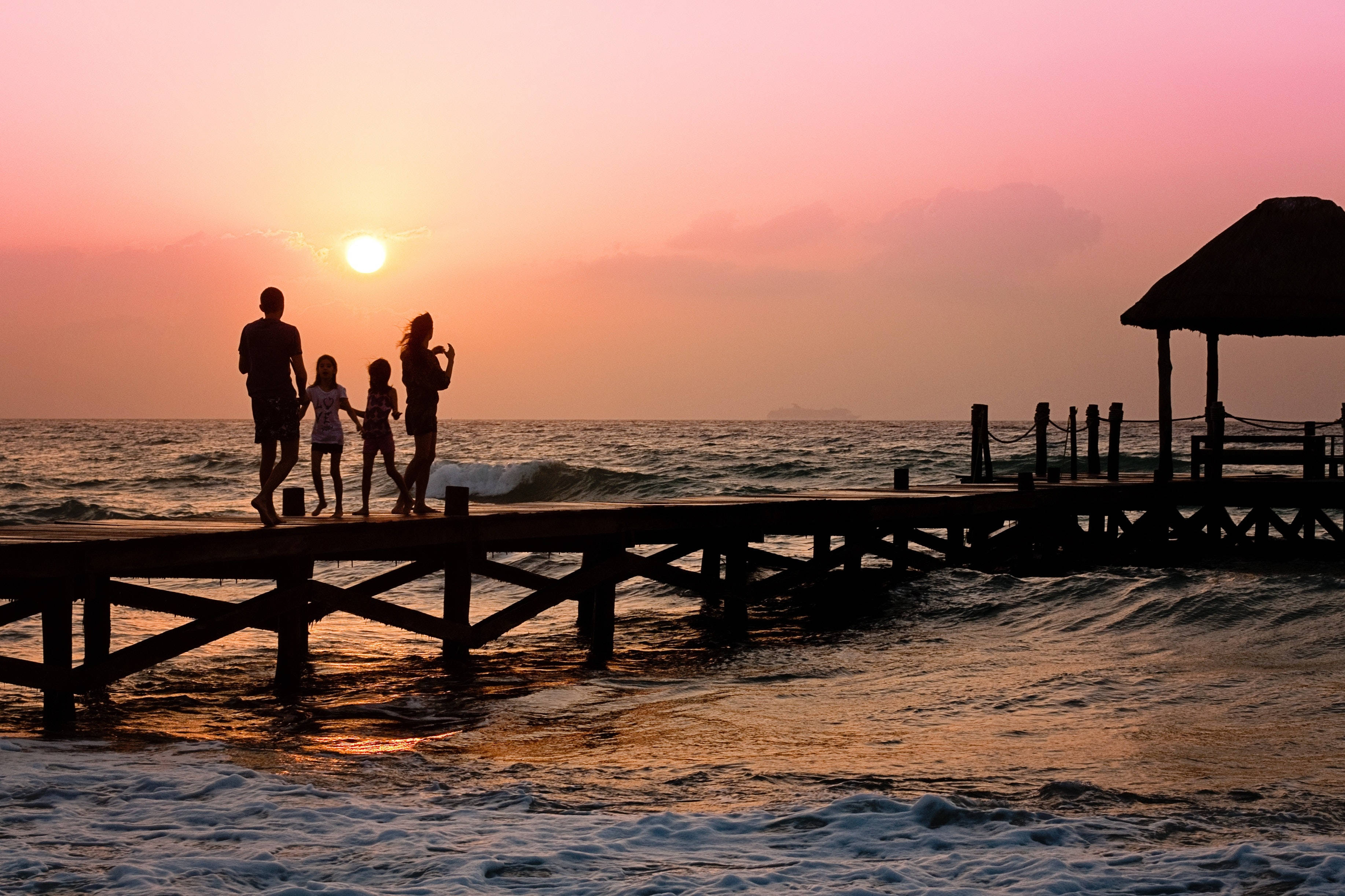 Family, wooden pier, sun sets, 2K Desktop Wallpaper