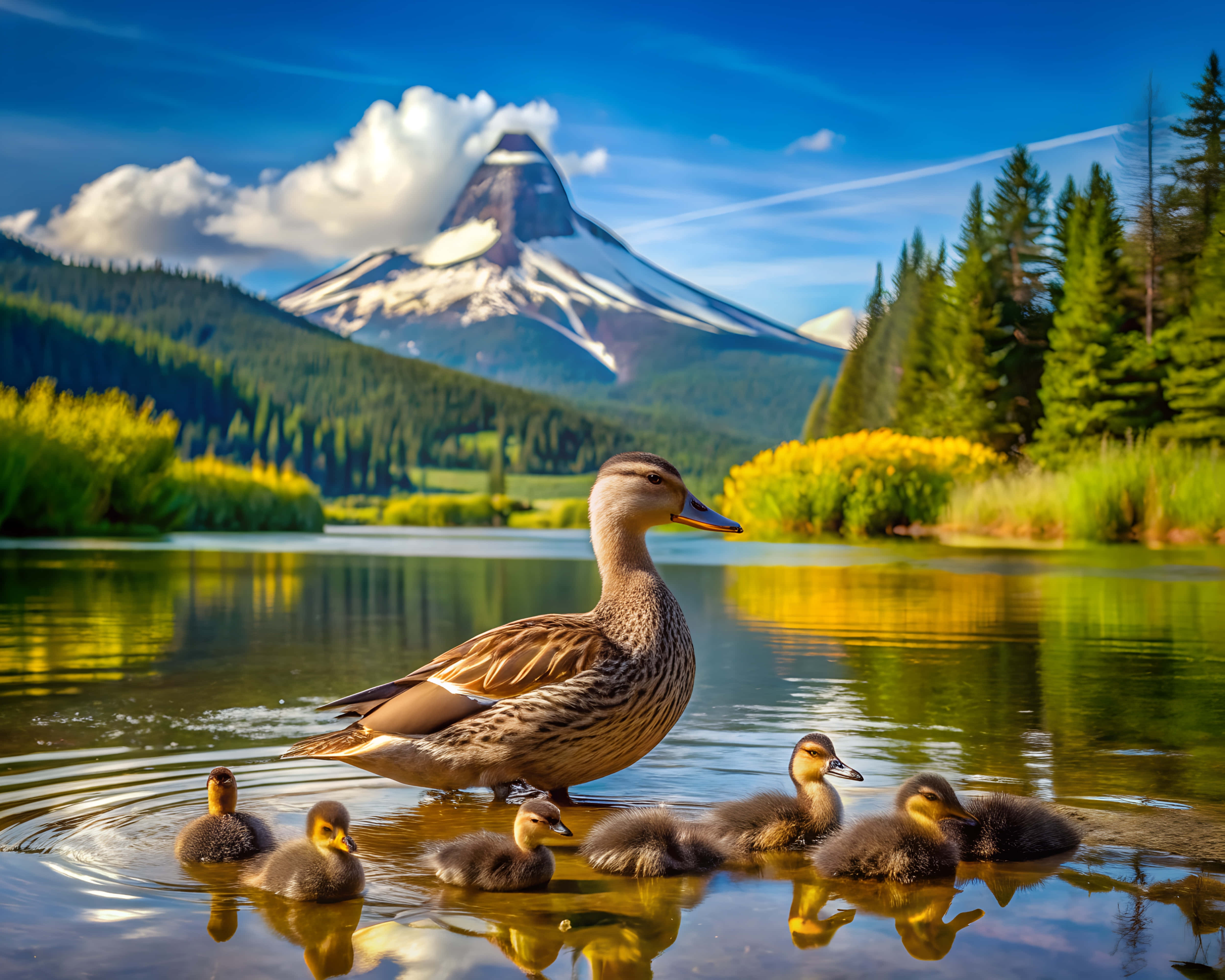 mother duck, ducklings, calm water, 4K Desktop Wallpaper
