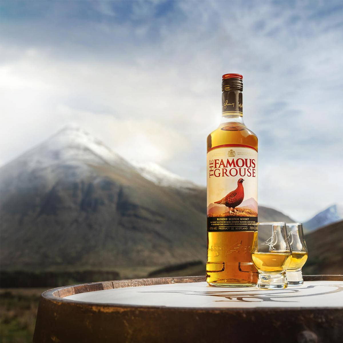 The Famous Grouse, snow-capped mountains, wooden barrel, SD Desktop Wallpaper