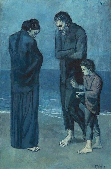 The Tragedy Famous Painting, beach, monochromatic blue sky, SD Phone Wallpaper