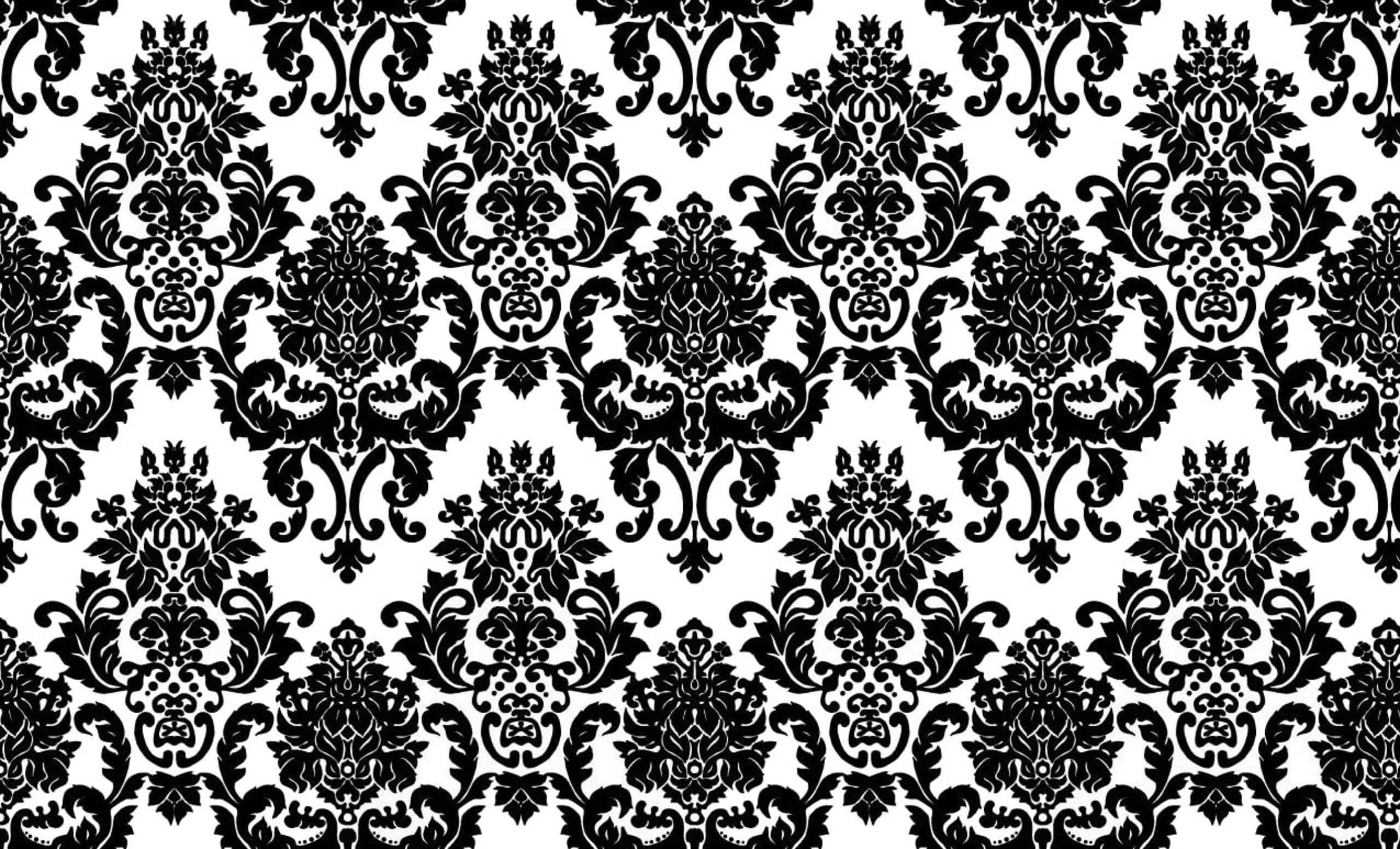 black damask pattern, stark white background, classic ornate design, 2K Desktop Wallpaper
