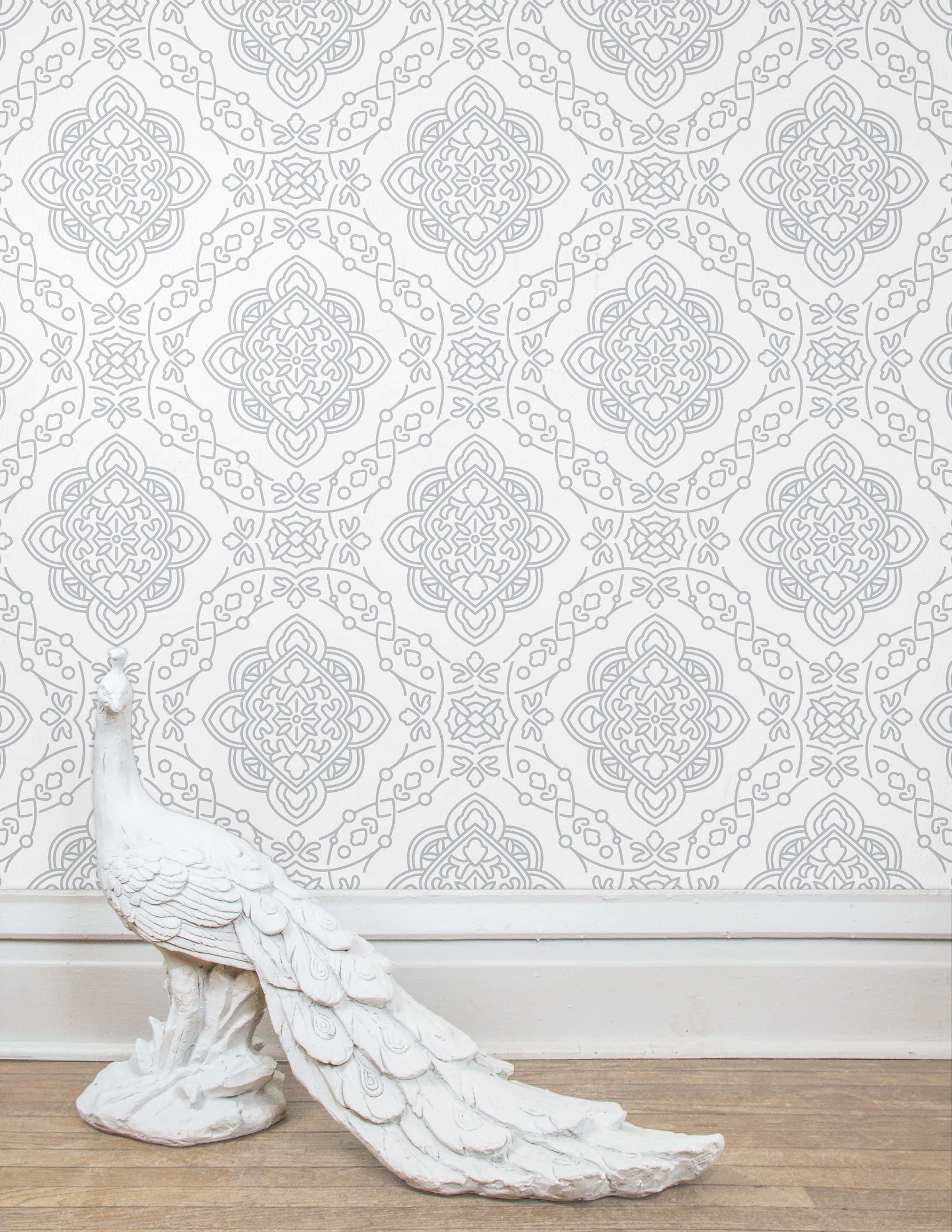 Fancy Collection, white ornate peacock statue, wooden floor, 2K Phone Wallpaper
