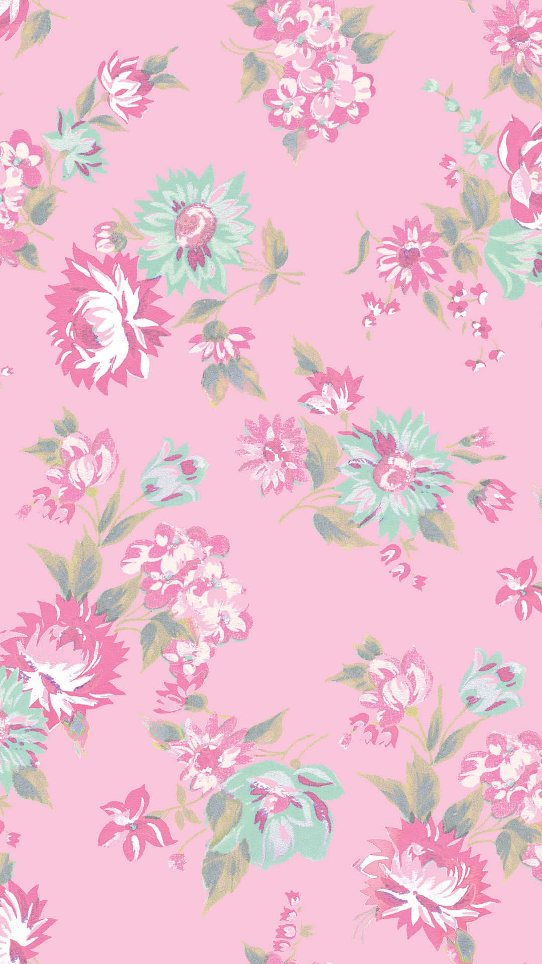 pastel flowers, green leaves, vintage botanical pattern, Full HD Phone Wallpaper
