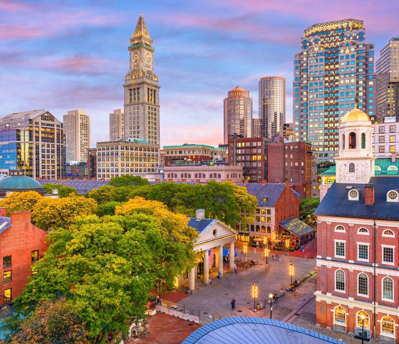 Faneuil Hall, tall buildings, dusk, HD Desktop Wallpaper