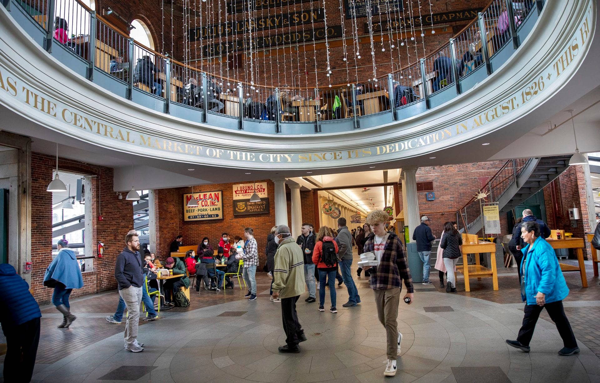 Faneuil Hall, circular brick archway, hanging lights, Full HD Desktop Wallpaper