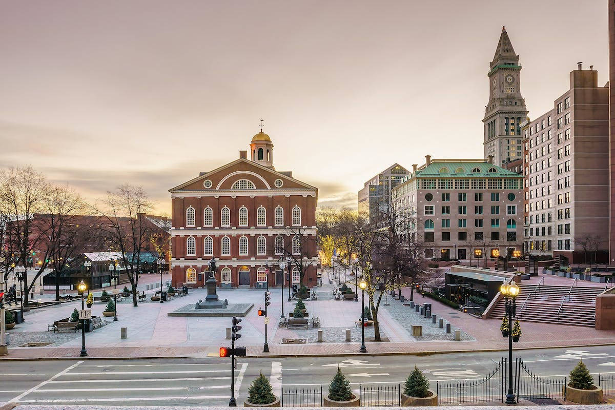 Faneuil Hall, sunset, red brick building, SD Desktop Wallpaper