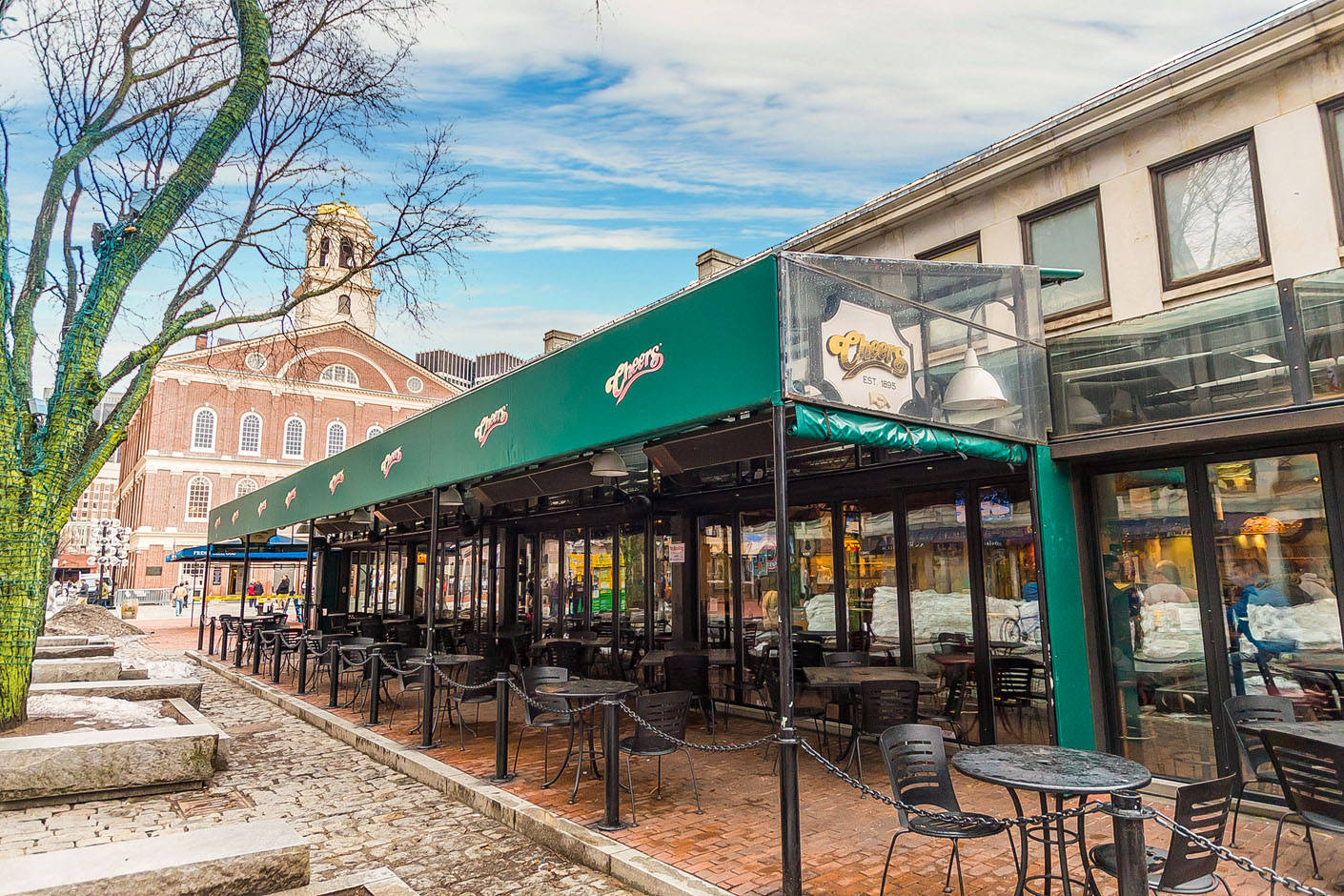 Faneuil Hall, green awnings, cobblestone street, HD Desktop Wallpaper