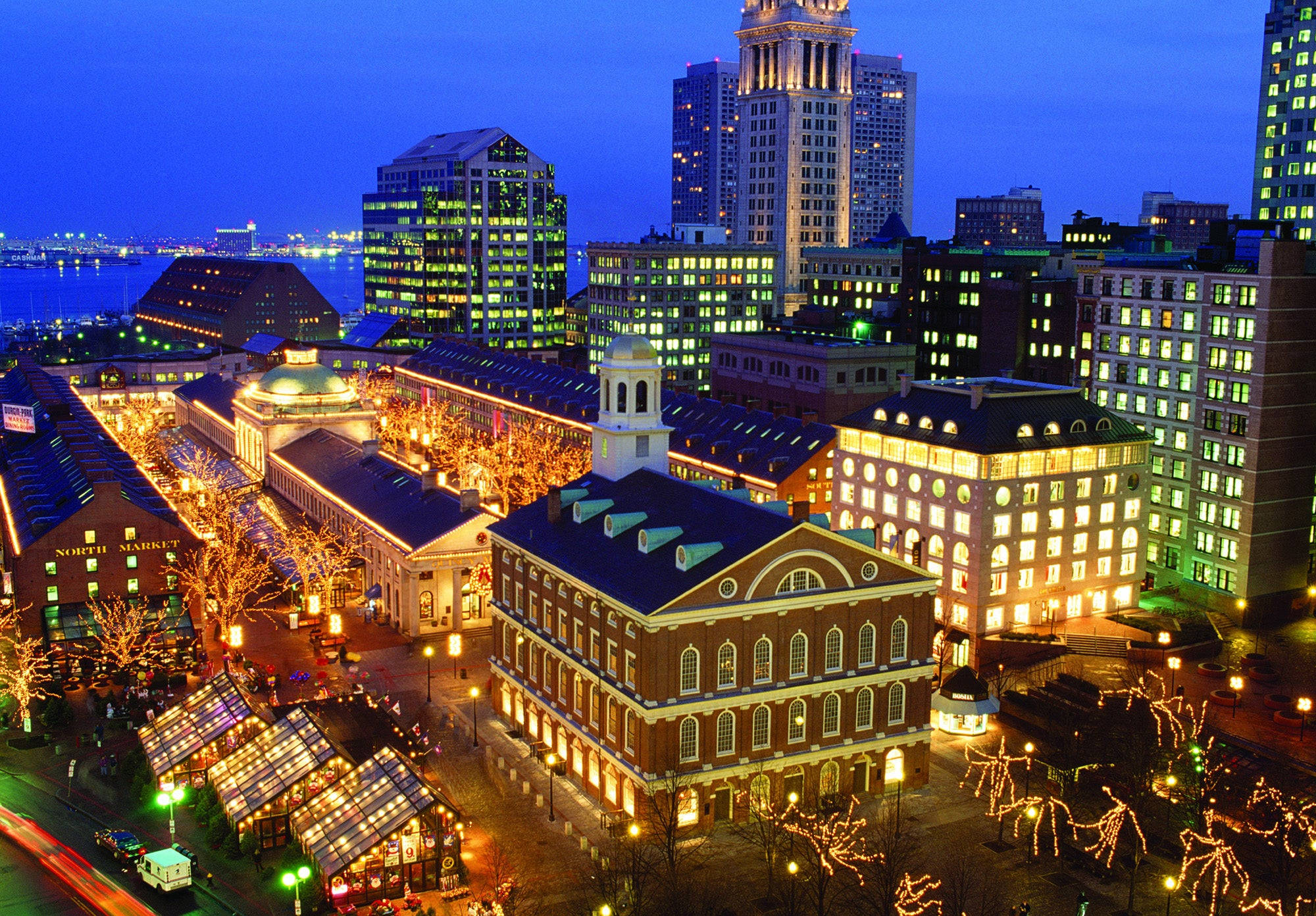 Faneuil Hall, dusk, illuminated historic buildings, Full HD Desktop Wallpaper