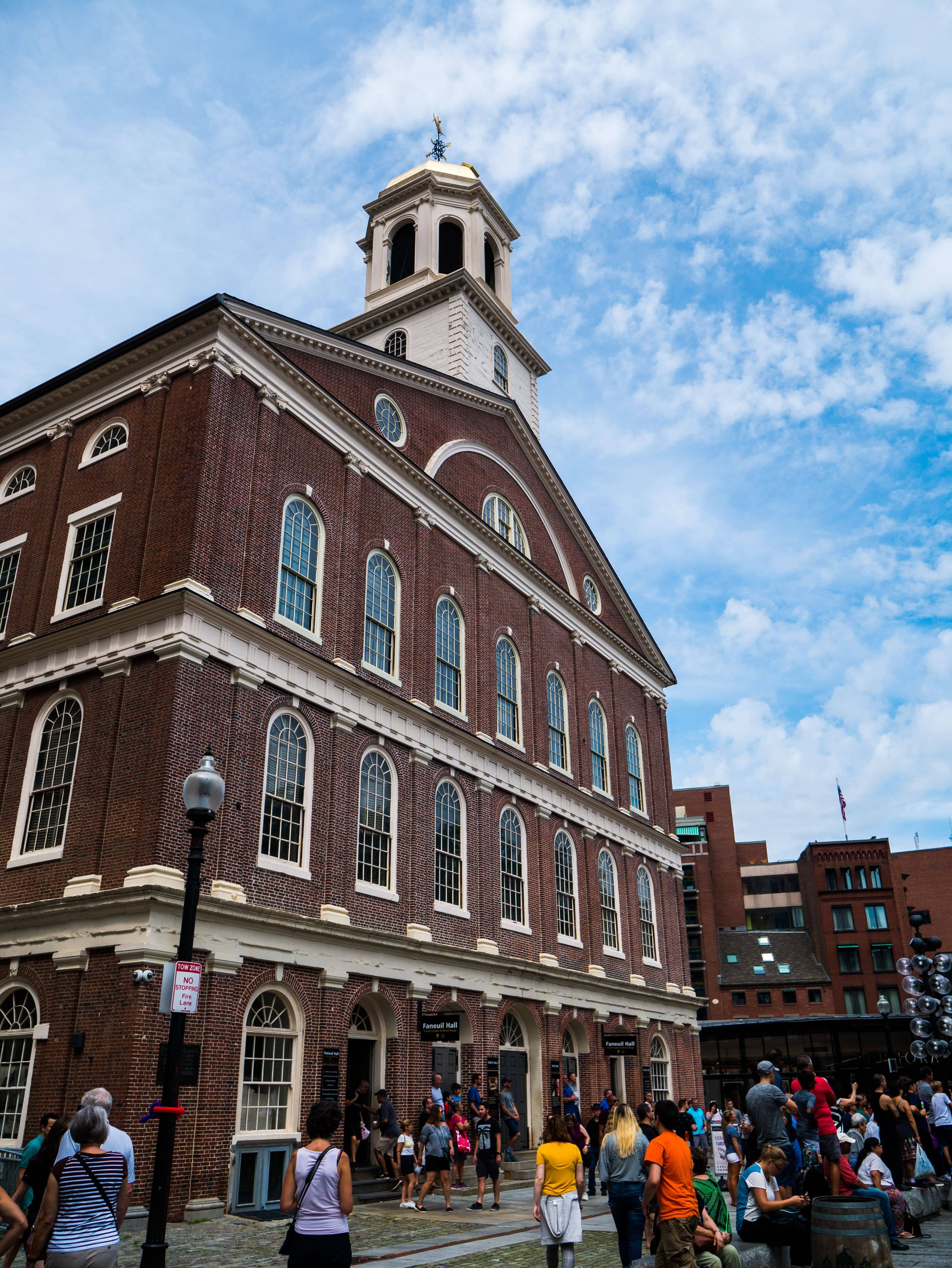 Faneuil Hall, red brick building, white trim, 4K Phone Wallpaper