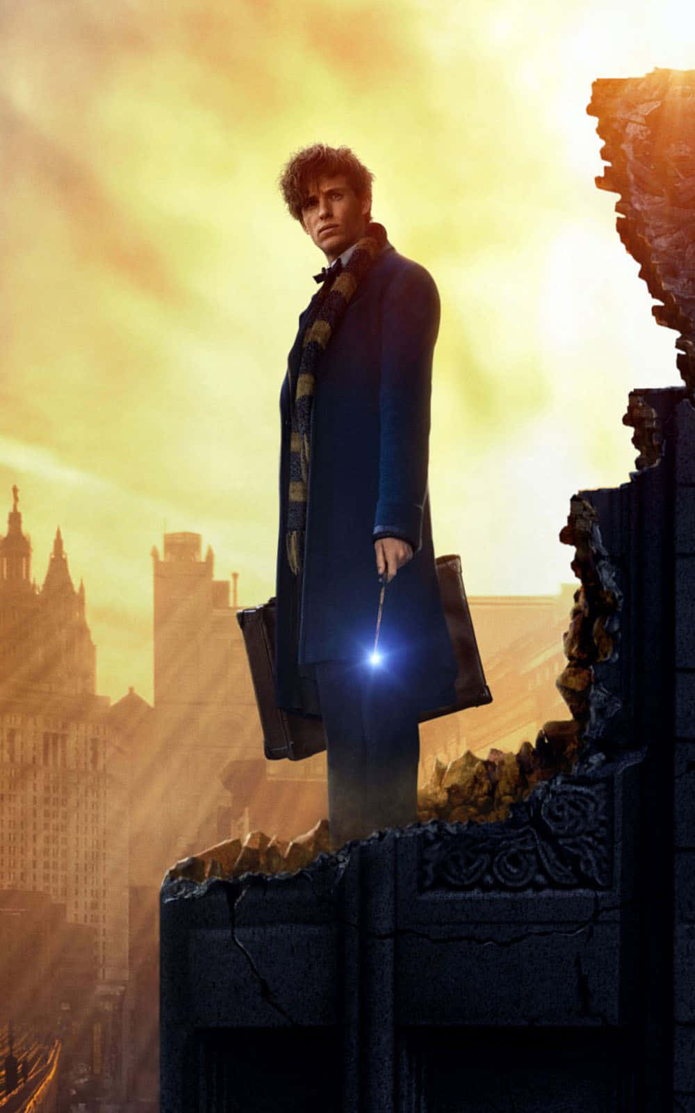 Fantastic Beasts, blue coat, glowing wand, HD Phone Wallpaper