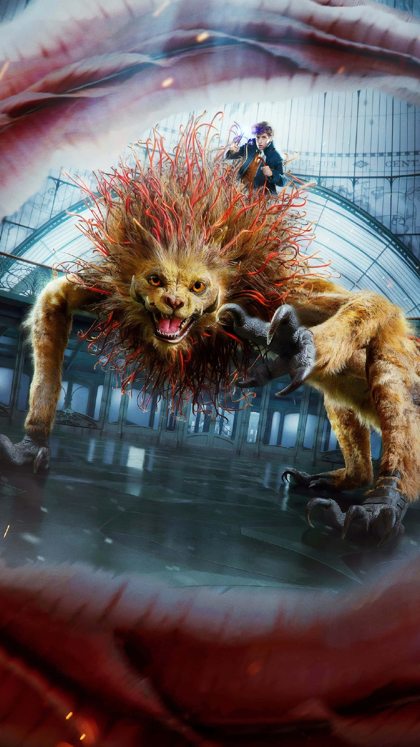 Fantastic Beasts, monstrous lion-like creature, fiery red spikes, 2K Phone Wallpaper