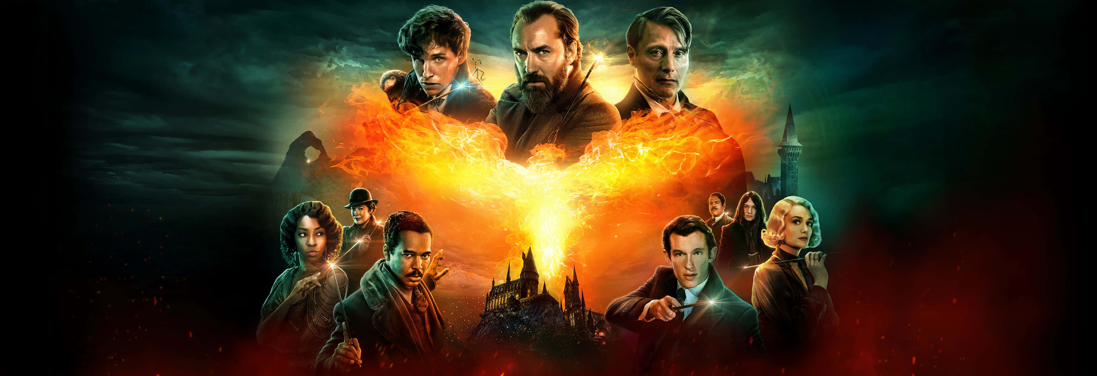 Fantastic Beasts, fiery phoenix, gothic castle, 2K Desktop Wallpaper
