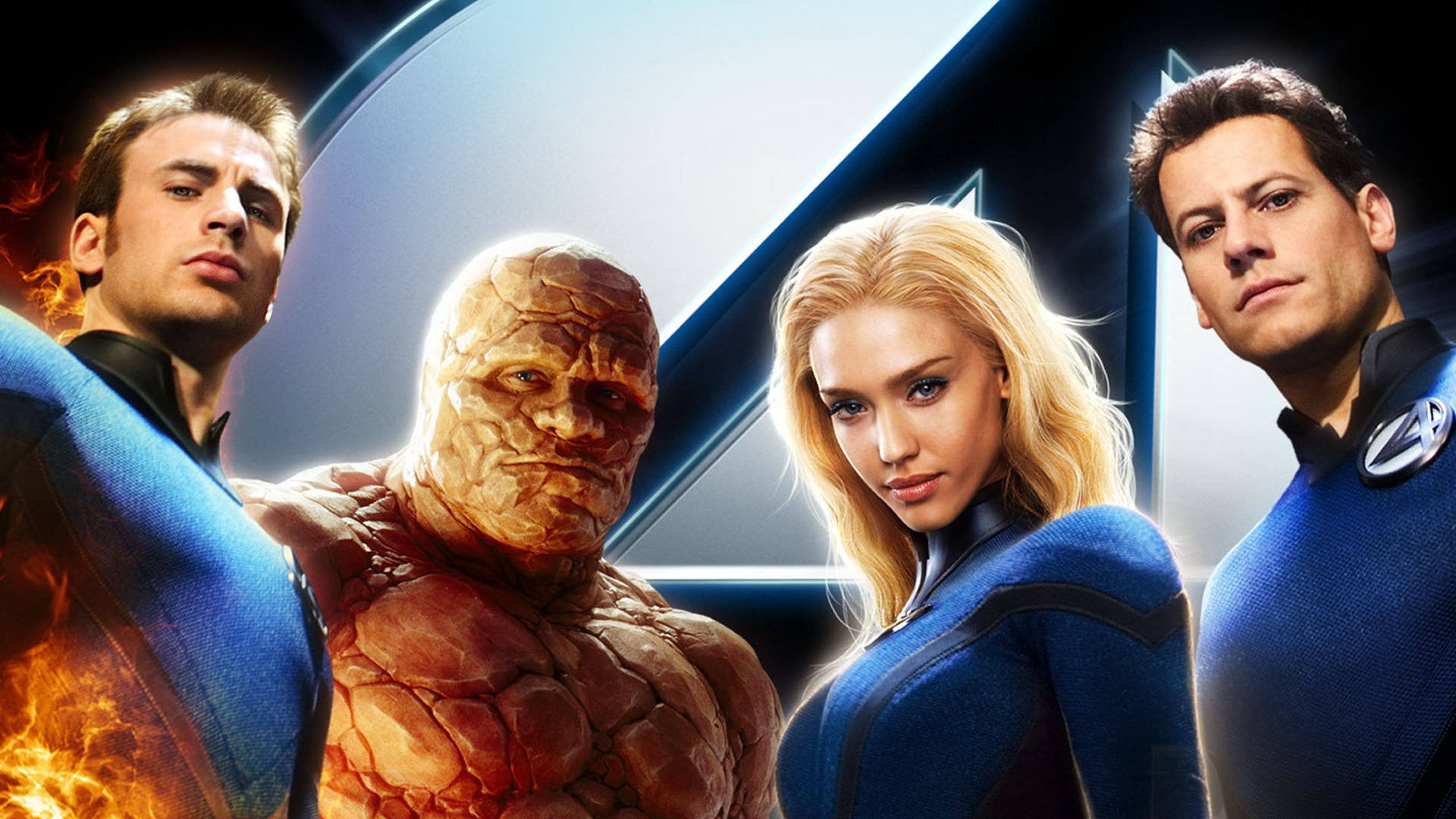 Fantastic Four, blue suits, glowing futuristic background, Full HD Desktop Wallpaper