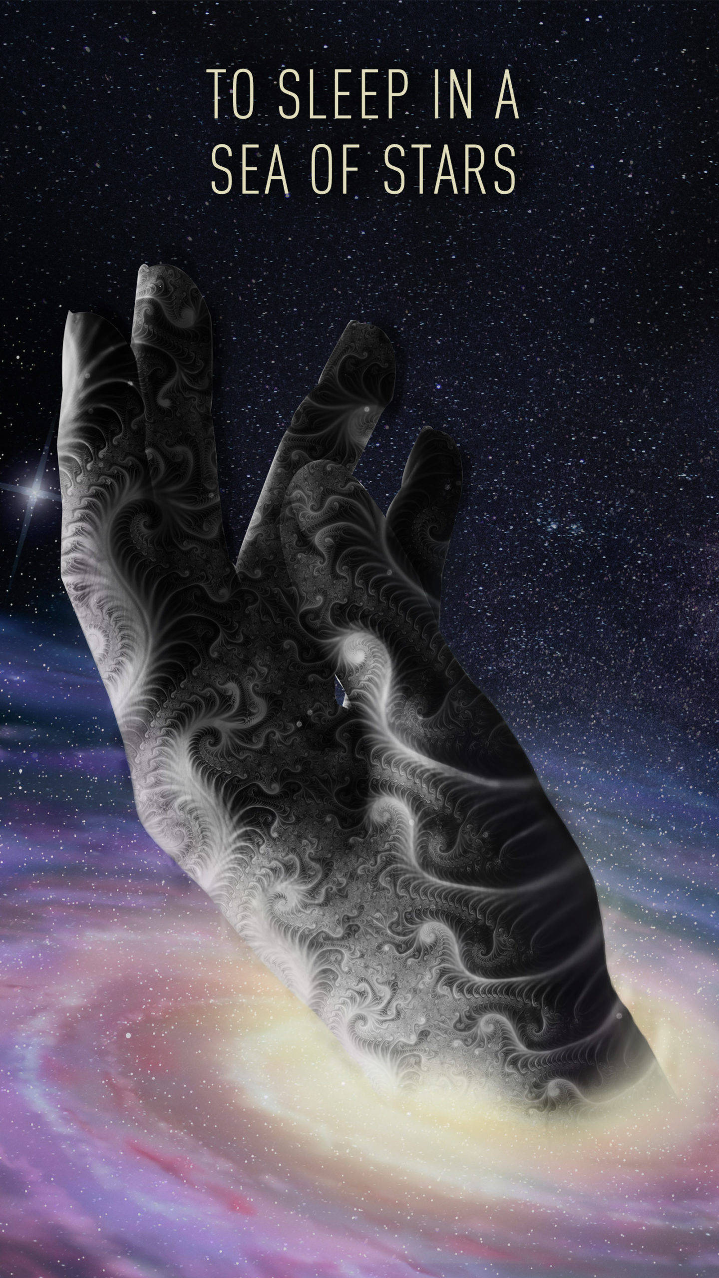 fractal-patterned hand, swirling galaxy, starry cosmic backdrop, 2K Phone Wallpaper