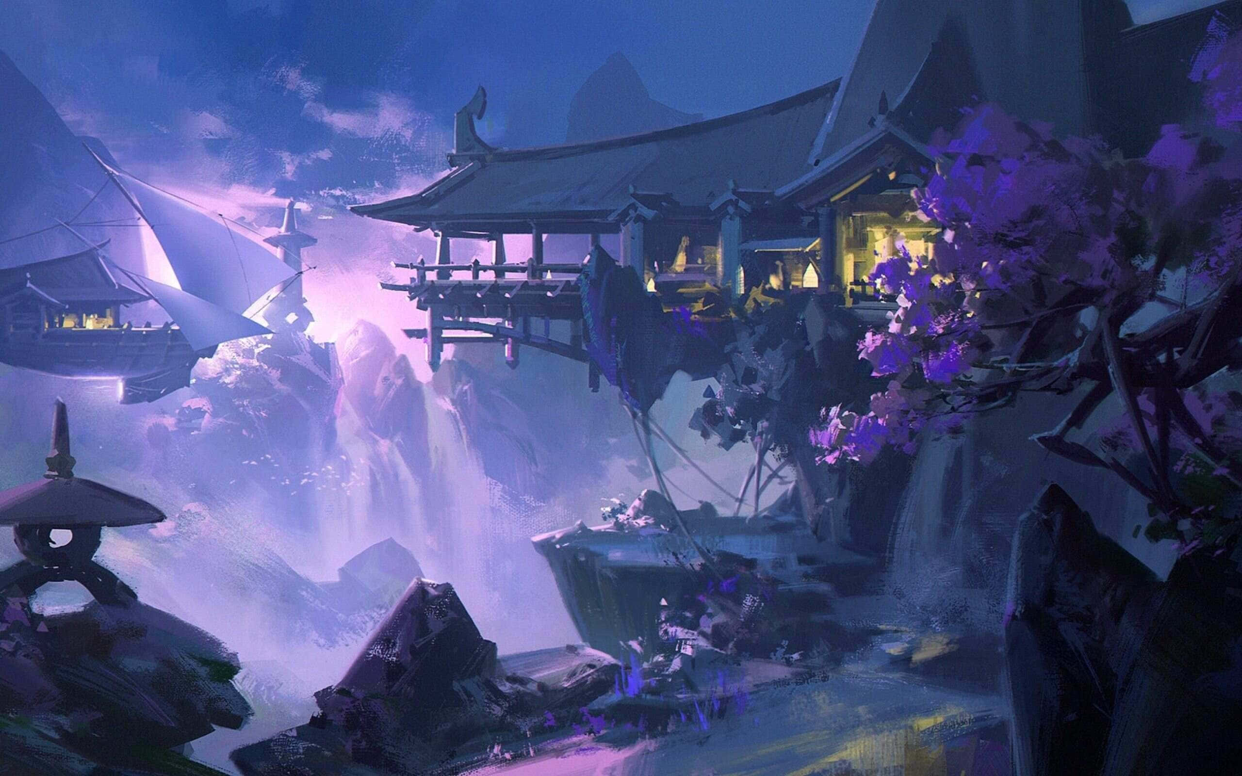 mystical mountain temple, oriental temple, twilight sky, 2K Desktop Wallpaper