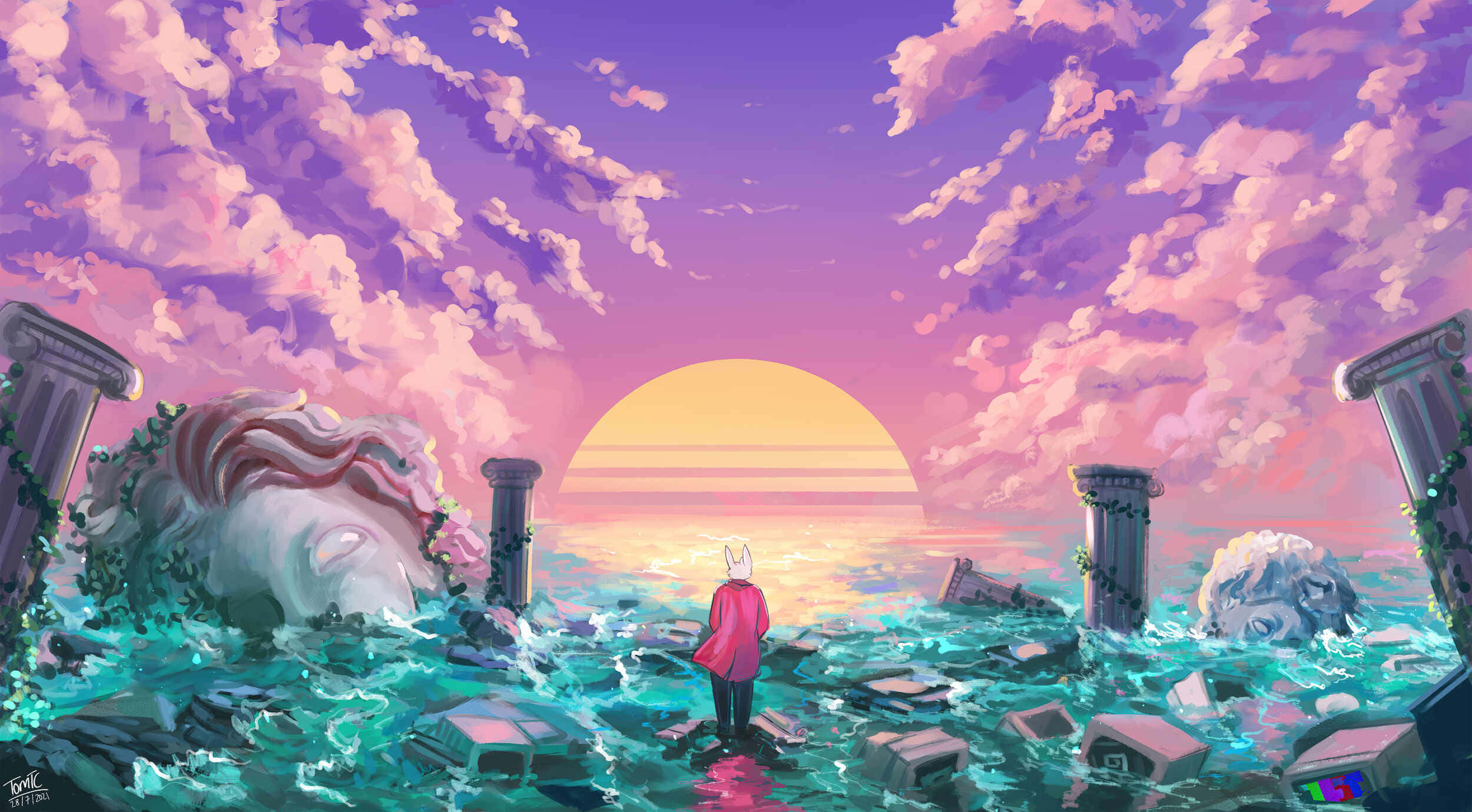 sunset, ruins, red coat, Full HD Desktop Wallpaper