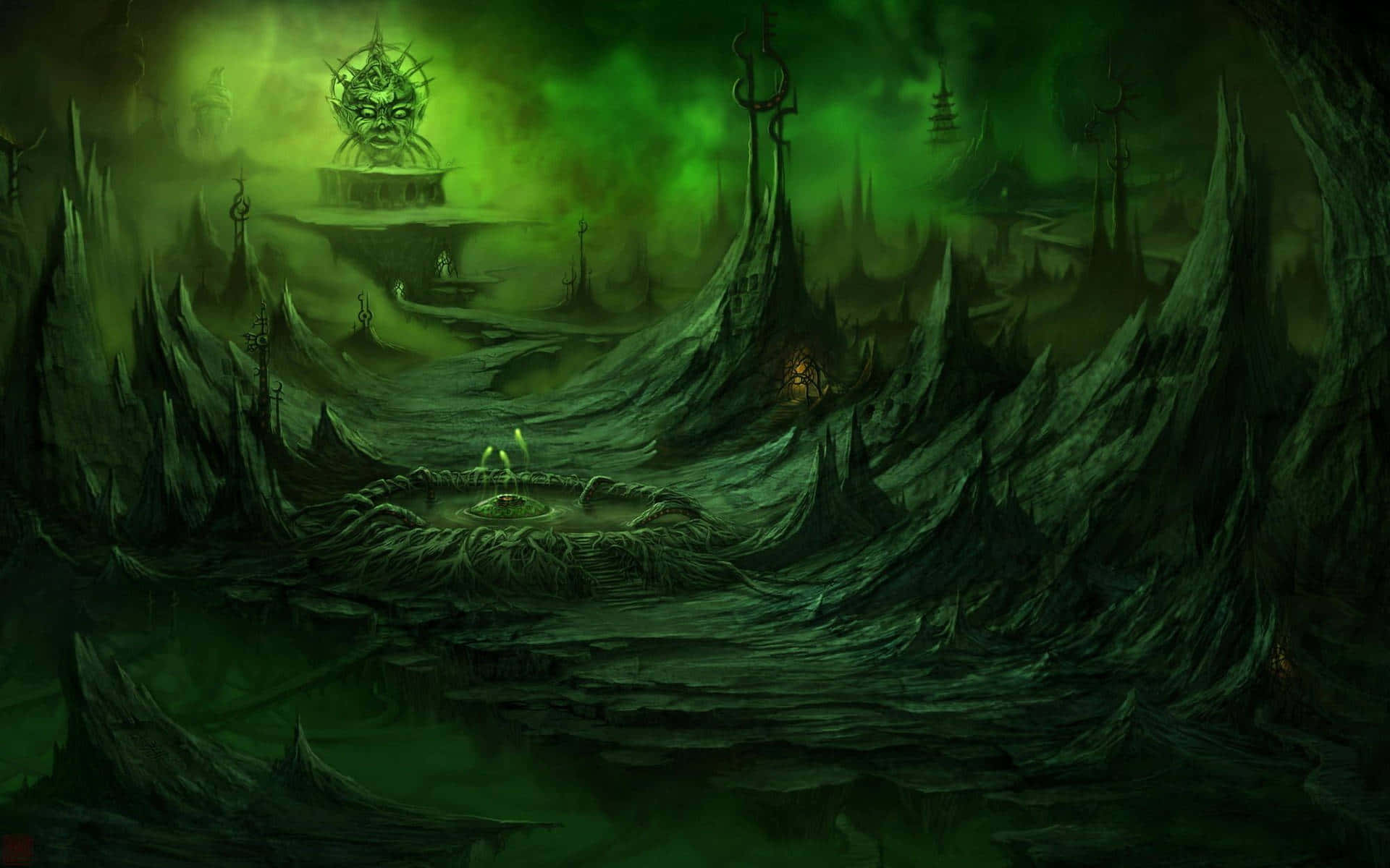 enchanted necropolis, green haze, glowing skull, Full HD Desktop Wallpaper
