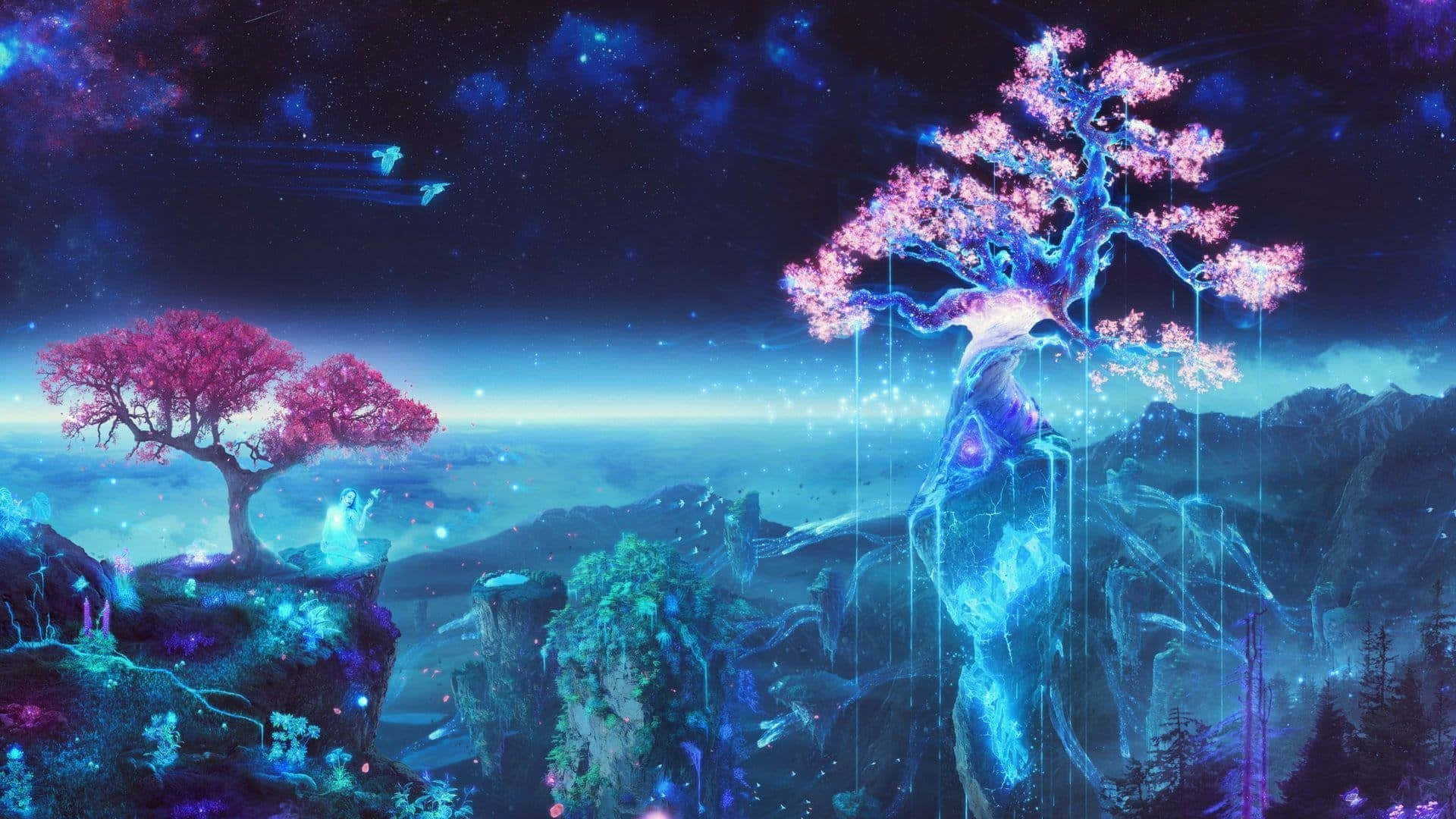 enchanted night sky forest, glowing pink and blue tree, cliff, Full HD Desktop Wallpaper
