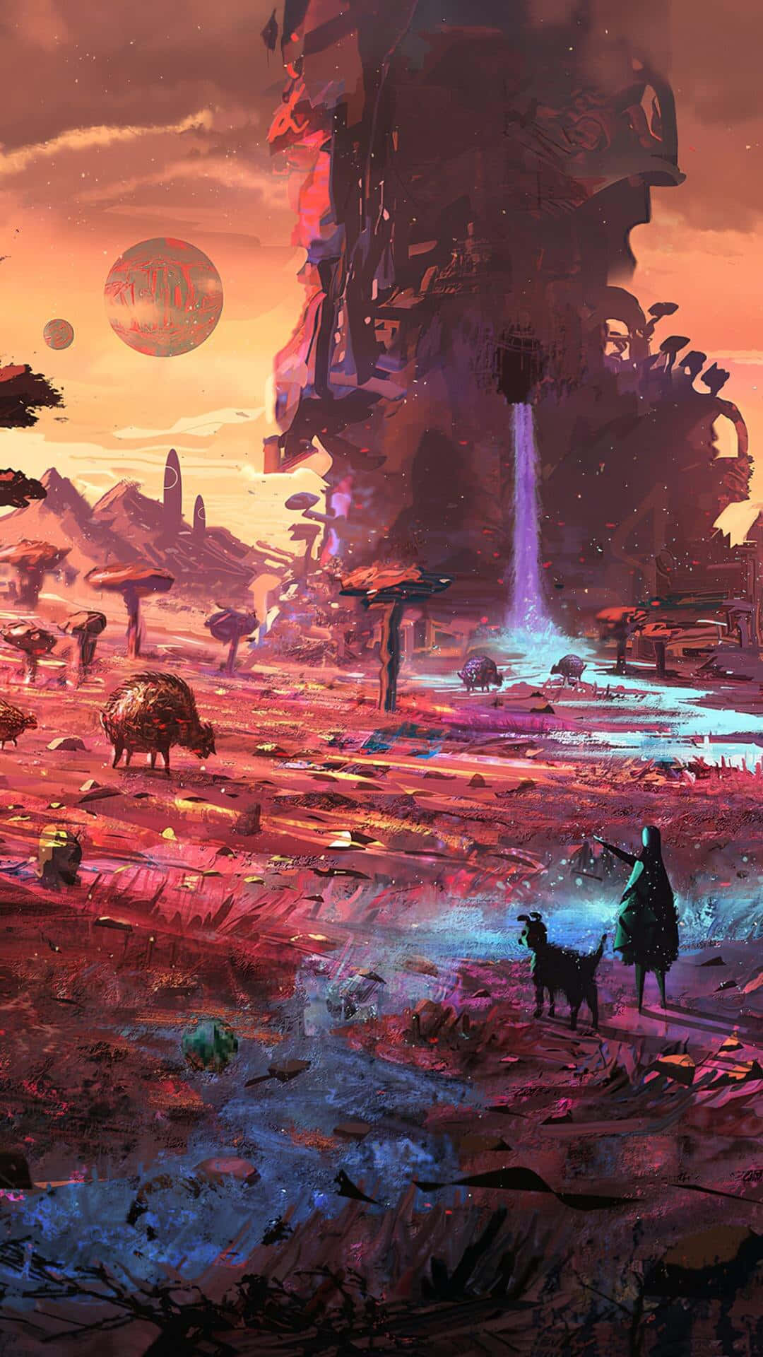 glowing staff, surreal alien landscape, floating ruins, Full HD Phone Wallpaper