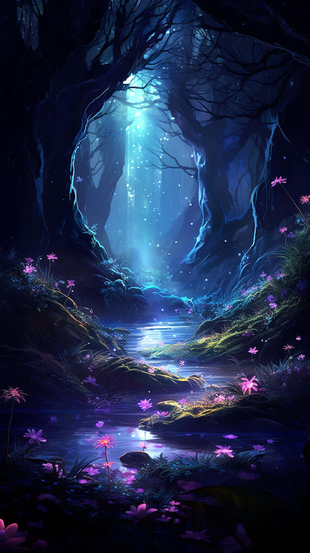enchanted forest, glowing stream, ethereal blue light, HD Phone Wallpaper
