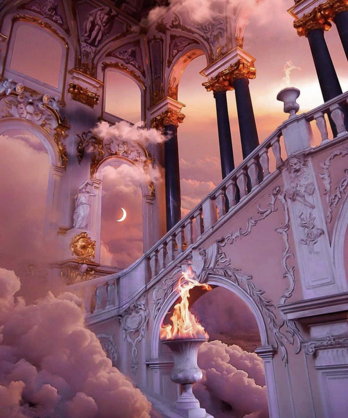 baroque palace staircase, pink clouds, flaming urns, HD Phone Wallpaper
