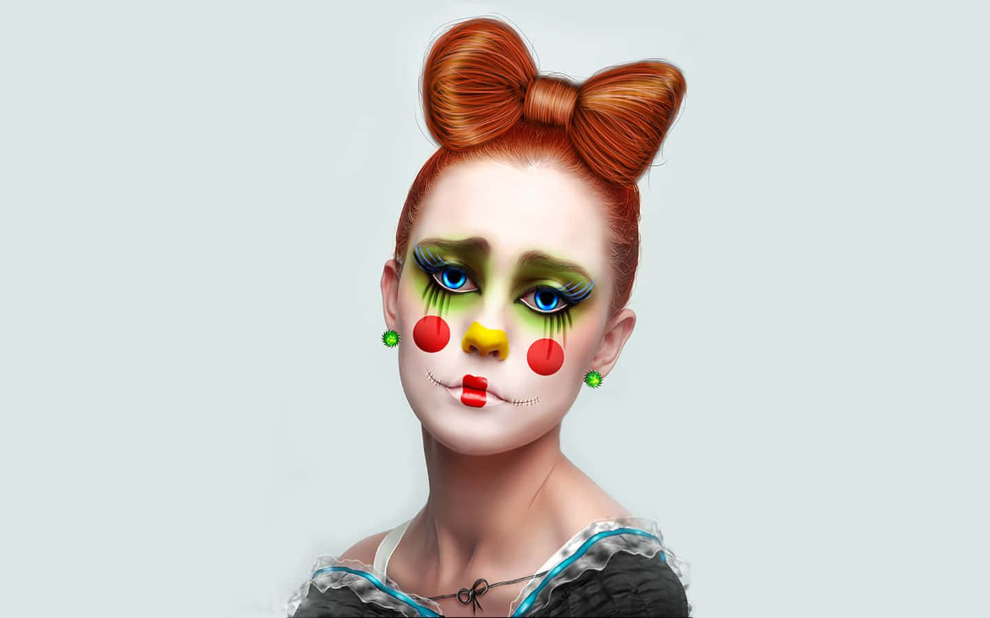 red hair, bow, clown makeup, HD Desktop Wallpaper