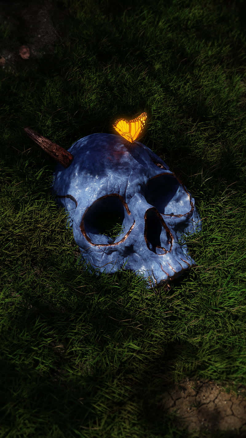 mystical skull, butterfly, blue-painted skull, HD Phone Wallpaper