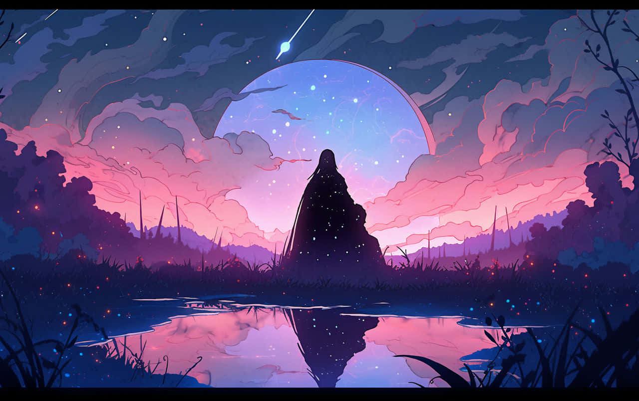 cloaked figure, glowing crescent moon, starry twilight sky, HD Desktop Wallpaper