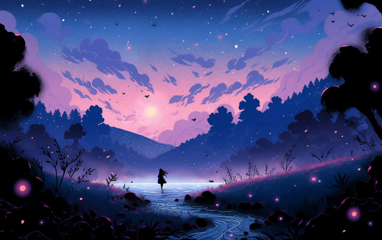 enchanted twilight journey, glowing stream, starry twilight sky, HD Desktop Wallpaper