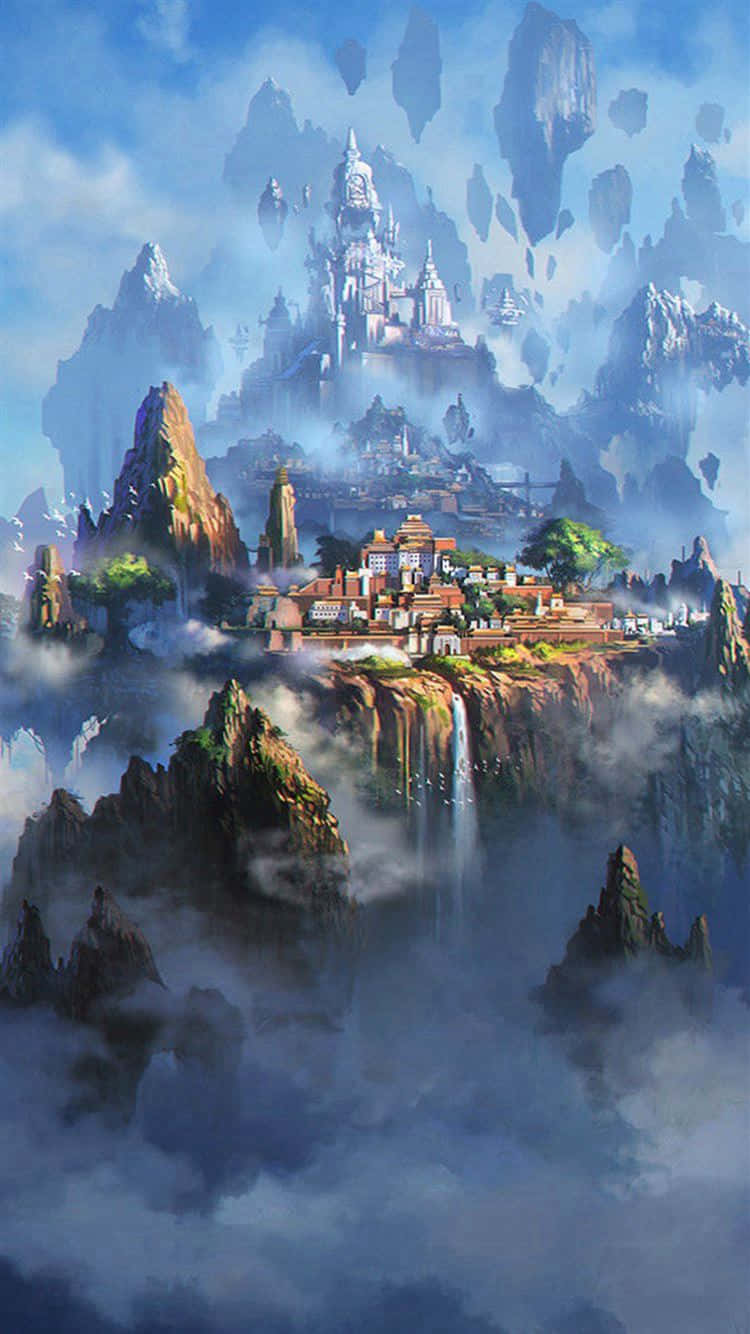 mystical sky castle, floating castle, cliffside village, HD Phone Wallpaper