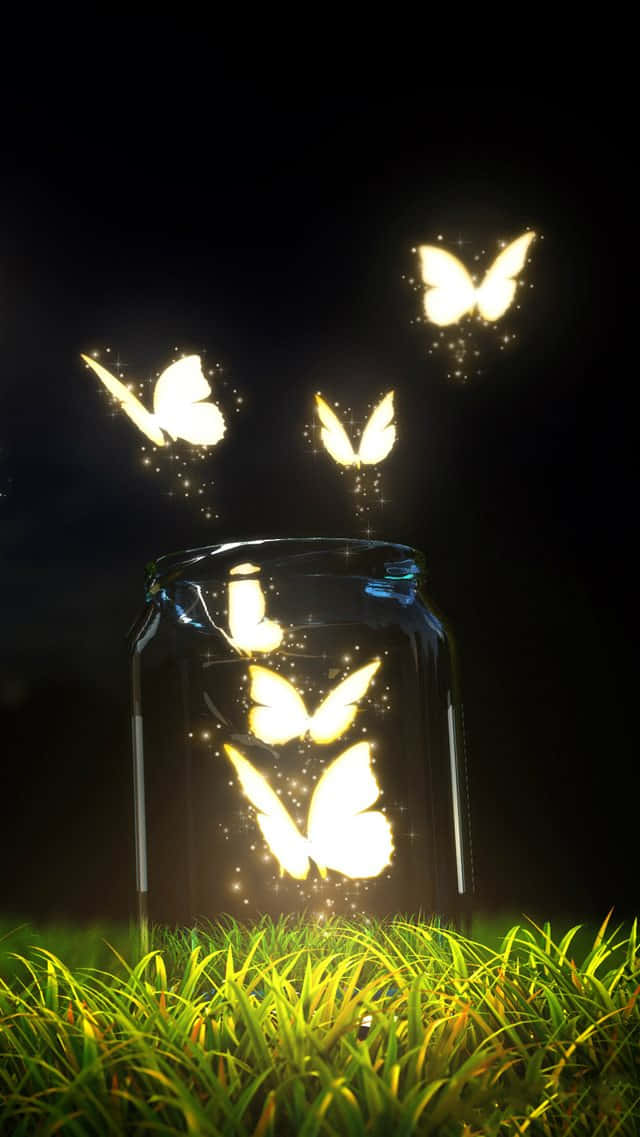 enchanted firefly escape, golden glowing butterflies, glass jar, SD Phone Wallpaper