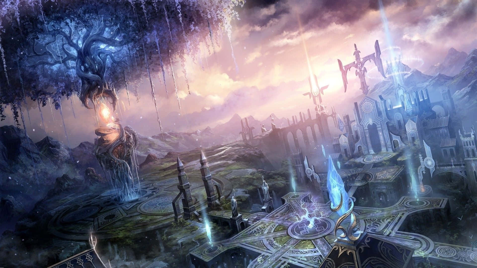 fantasy anime, glowing blue magic, ancient ruins, Full HD Desktop Wallpaper