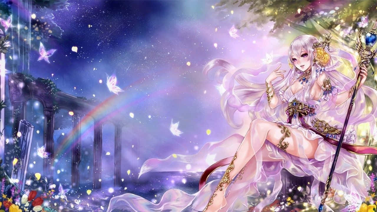 silver hair, glowing butterflies, vibrant rainbow, HD Desktop Wallpaper