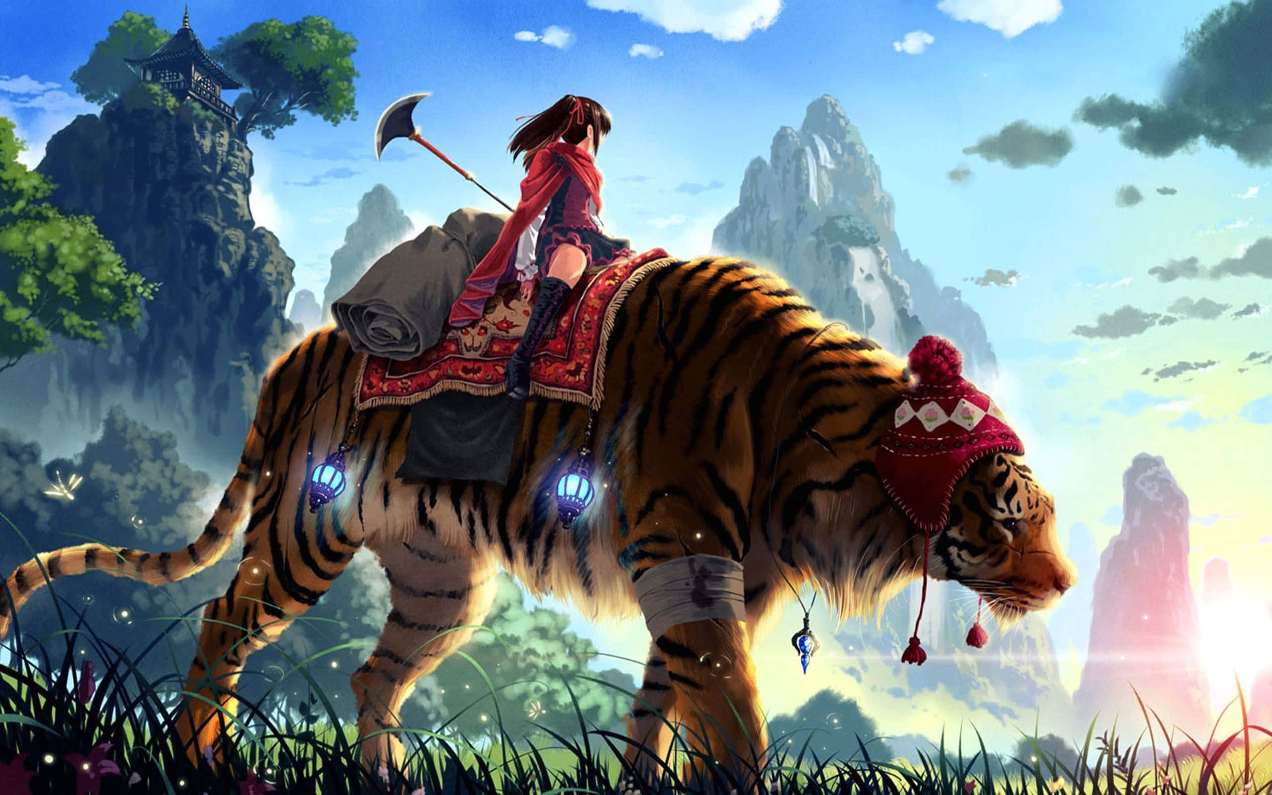 fantasy anime, warrior in red, majestic tiger, 2K Desktop Wallpaper