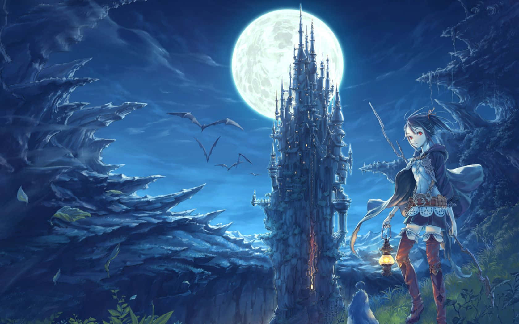 anime girl, lantern, gothic castle, HD Desktop Wallpaper