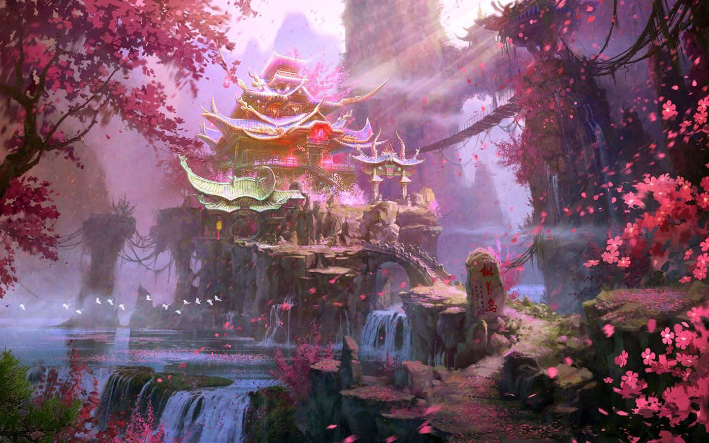 glowing oriental temple, cliffs, cascading waterfalls, HD Desktop Wallpaper