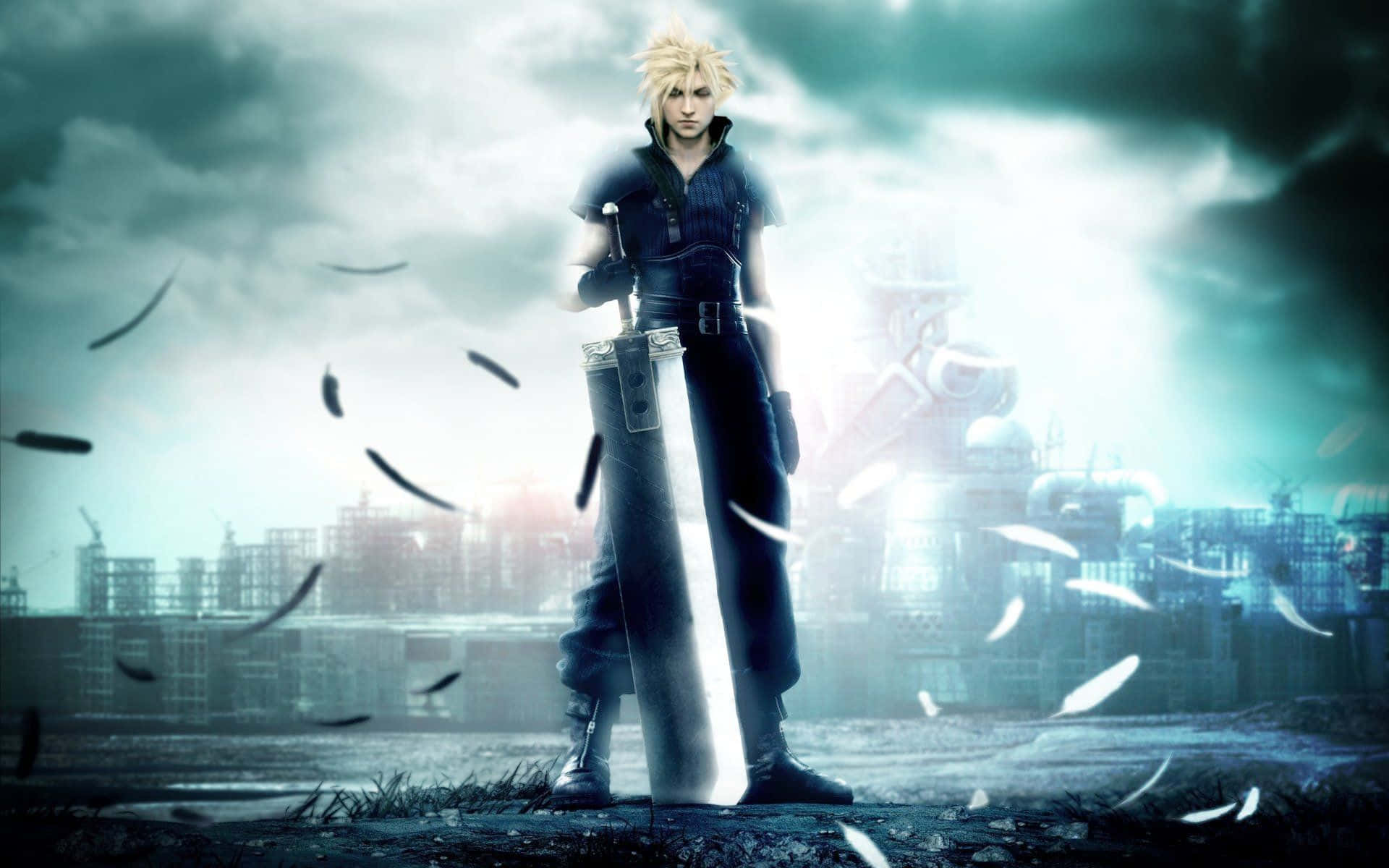 spiky-haired anime warrior, massive sword, falling feathers, Full HD Desktop Wallpaper