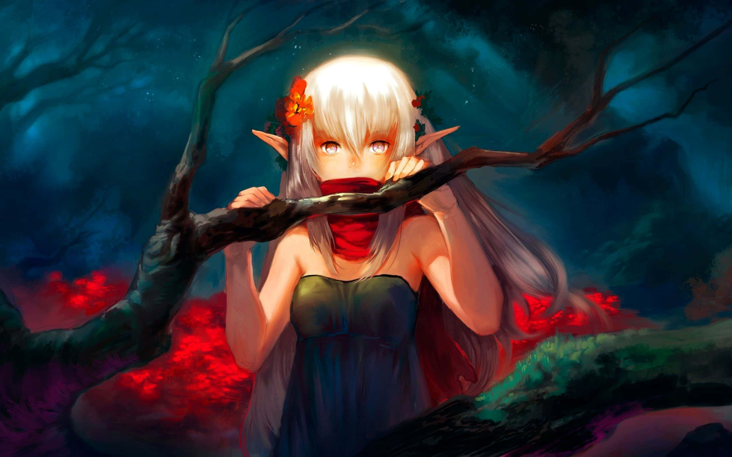 white-haired elf girl, red scarf, gnarled branch, 2K Desktop Wallpaper